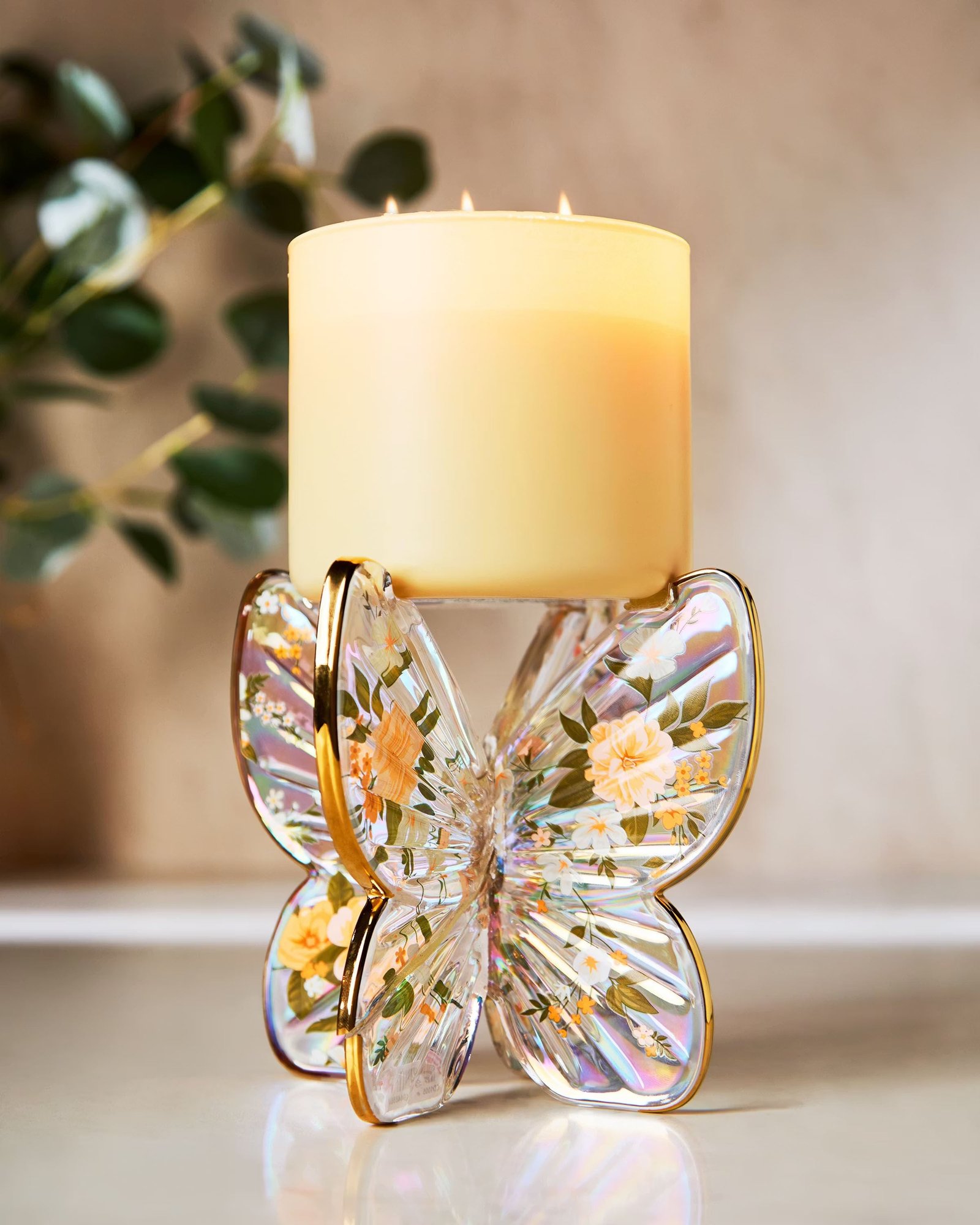 Glass Butterfly Pedestal 3-Wick Candle Holder - Image 2